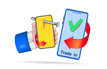 A smartphone with a metal nail. We change the old 
smartphone to a new one. 3d, vector image.