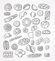 Set hand-drawn bakery images. Pastry, bread, dessert doodle icons.