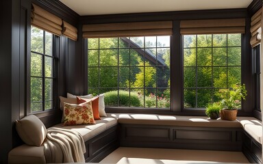 A cozy corner with a window seat overlooking a picturesque garden.
