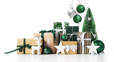 Gift boxes and green christmas balls on white.