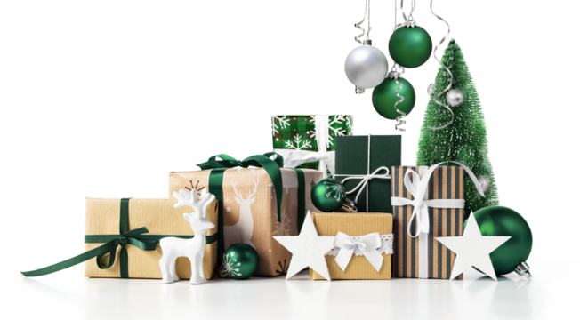 Gift boxes and green christmas balls on white.