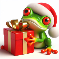 comical 3d image of a cute happy red eyed tree frog at christmas