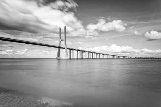 Vasco da Gama bridge in Lisbon in black and white