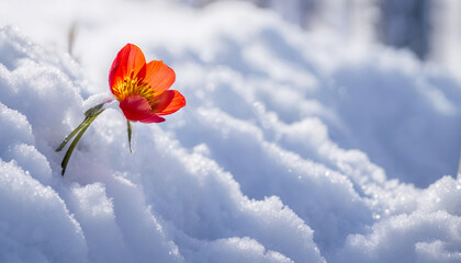 a cluster of red flowers blooming on a white snow garden.