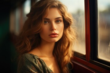 Woman portrait by train window during sunset