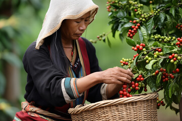 Obraz premium Hill tribe people are picking the ripe coffee berries from the trees