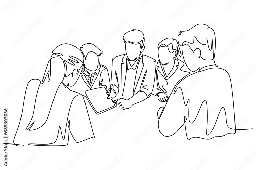 Poster single continuous line drawing young startup founders brainstorming innovation ideas in a meeting at