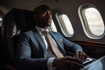 Black businessman gazing out of airplane window