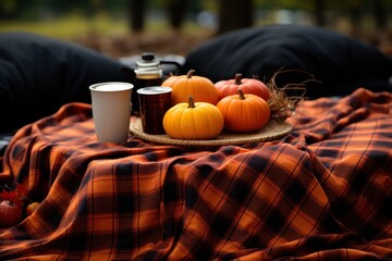 A blanket spread amidst autumn foliage with pumpkins and apples, hygge concept