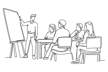 Single continuous line drawing happy trainer teaching life skill and interpersonal skill lessons to young CEOs. Business training and meeting concept. One line draw graphic design vector illustration