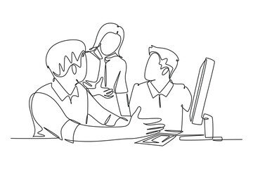 Single continuous line drawing of young businessmen discussing new product launch during team meeting. Business innovation discussion concept. Dynamic one line draw graphic design vector illustration