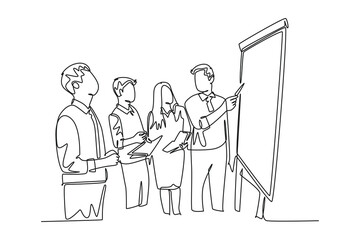 Single continuous line drawing young happy manager giving presentation about increasing product sales to his team at the office. Group meeting concept. One line draw graphic design vector illustration