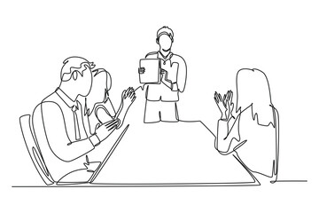 Single continuous line drawing of young happy manager giving interpersonal skill lesson at team meeting in the office. Business presentation concept. One line draw graphic design vector illustration