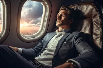 Fototapeta na wymiar White businessman gazing out of airplane window