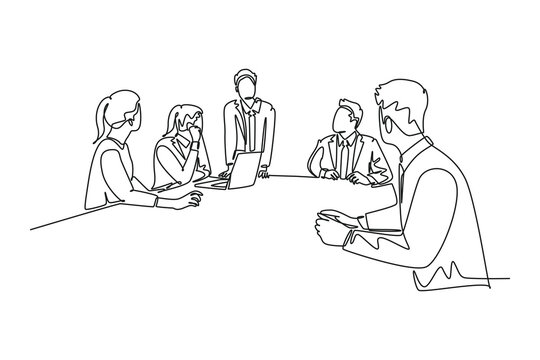 Single continuous line drawing young happy board of director discussing company profit sharing during meeting. Group business training concept. Dynamic one line draw graphic design vector illustration