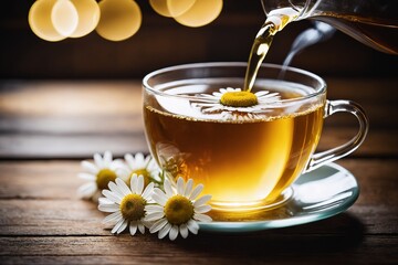 Ein aufgebrühtes Glas Kamillentee auf einem Holztisch