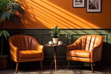 A charming coffee corner with plush seating warm tones and inviting cups of coffee, hygge concept