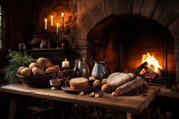 Warm ambiance of a rustic fireplace paired with the delightful aroma of baking bread, hygge concept