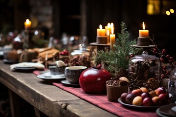 Steaming mulled wine on a rustic table with cinnamon sticks and spices, hygge concept