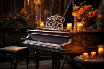 A piano corner aglow with candlelight, hygge concept