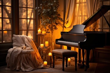 Musical ambiance in a candlelit piano corner, hygge concept