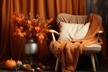 A soft throw on a chair surrounded by seasonal acorns and leaves, hygge concept