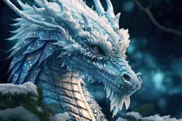 Portrait of a beautiful magical patterned white and cyan winter dragon in the winter forest, Year of the Dragon, Generative AI