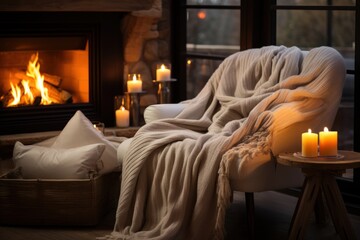 The soothing dance of firelight reflected on a draped wool blanket over a chair, hygge concept