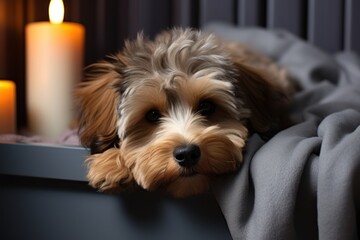 A dog peacefully resting on a comfortable bed near a comforting radiator, hygge concept
