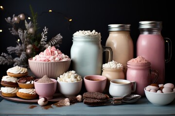 Fototapeta na wymiar Inviting hot chocolate bar with customizable toppings and mugs, hygge concept