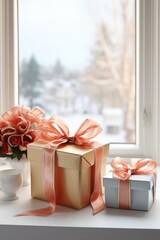 Close up of gift boxes with pink bow and flowers in vase on table in front of window.