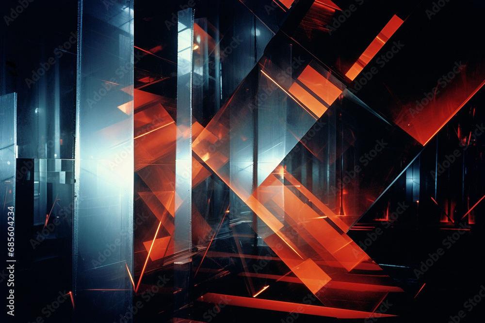 Poster Experimental composition featuring intersecting geometric shapes and prisms, creating a visually intricate and avant-garde design.