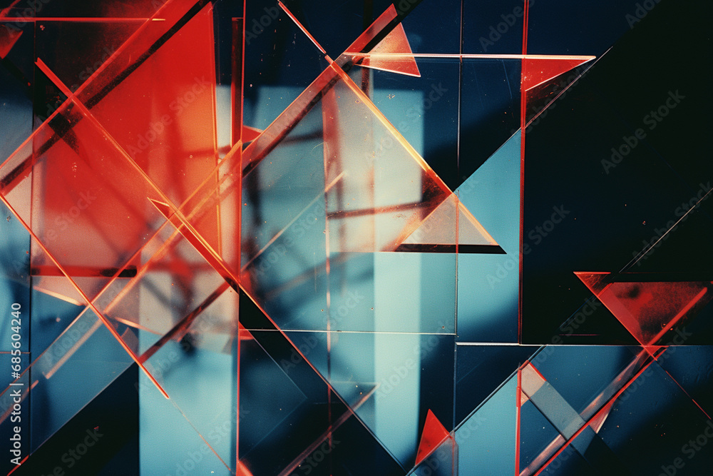 Poster experimental composition featuring intersecting geometric shapes and prisms, creating a visually int