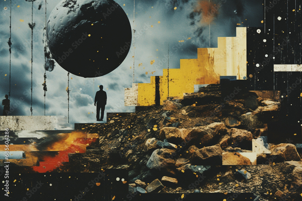 Poster collage of diverse elements, textures, and images merged together to create a visually complex and t