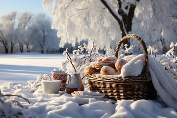 Winter picnic bliss amidst snow covered trees, hygge concept