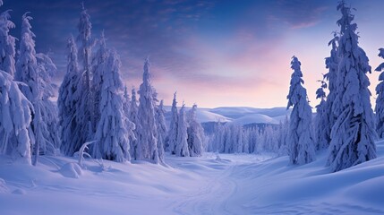 A tranquil scene of snow-covered fir trees in the subpolar region just before dawn.