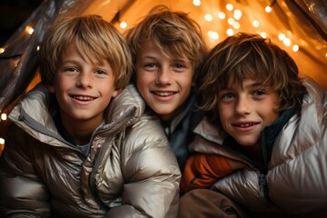 Boys bundled in sleeping bags under winter stars, hygge concept