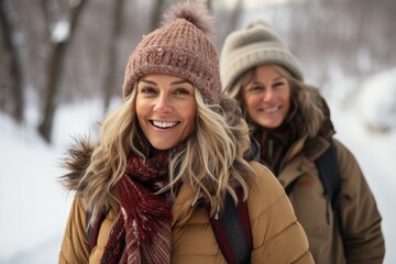 Fototapeta premium Friends wrapped in warmth taking a delightful snowy walk together, hygge concept