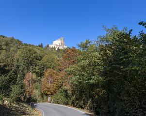 View of the Sacra of San Michele (St. Michael Abbey) in Sant'Ambrogio of Torino, Province of Turin, Piedmont, Italy