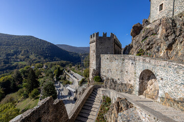 View of the Sacra of San Michele (St. Michael Abbey) in Sant'Ambrogio of Torino, Province of Turin,...