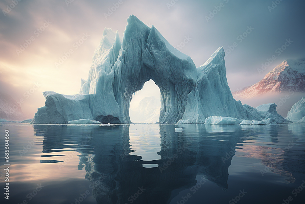 Poster arch-shaped iceberg floating in antarctic waters, showcasing the unique and sculptural forms created