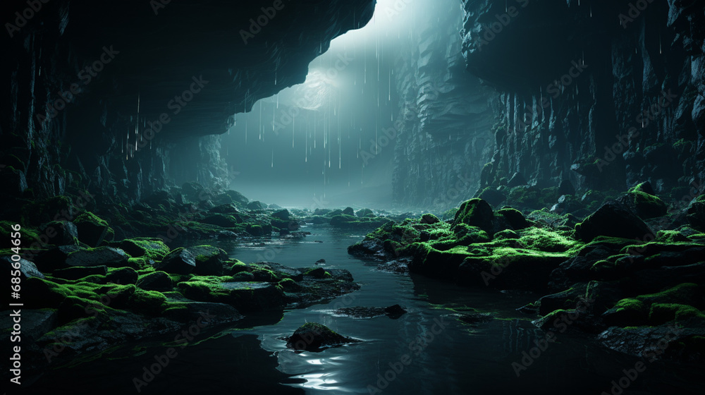 Poster underground cave illuminated by the soft glow of bioluminescent organisms, creating an otherworldly 