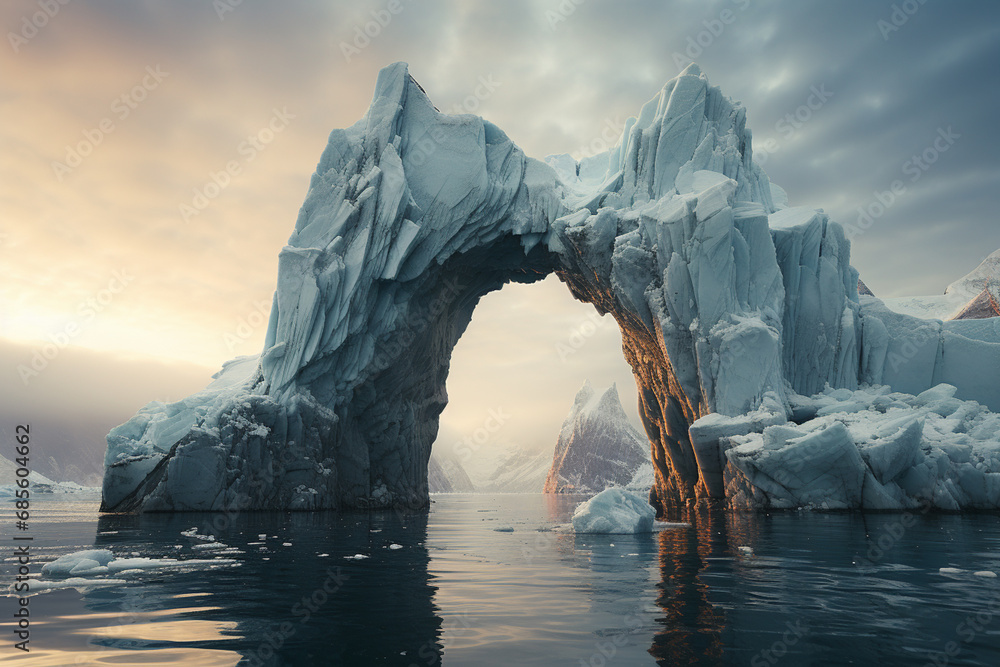Poster arch-shaped iceberg floating in antarctic waters, showcasing the unique and sculptural forms created