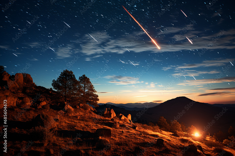 Poster night sky filled with streaks of meteors during a meteor shower, creating a celestial spectacle of c