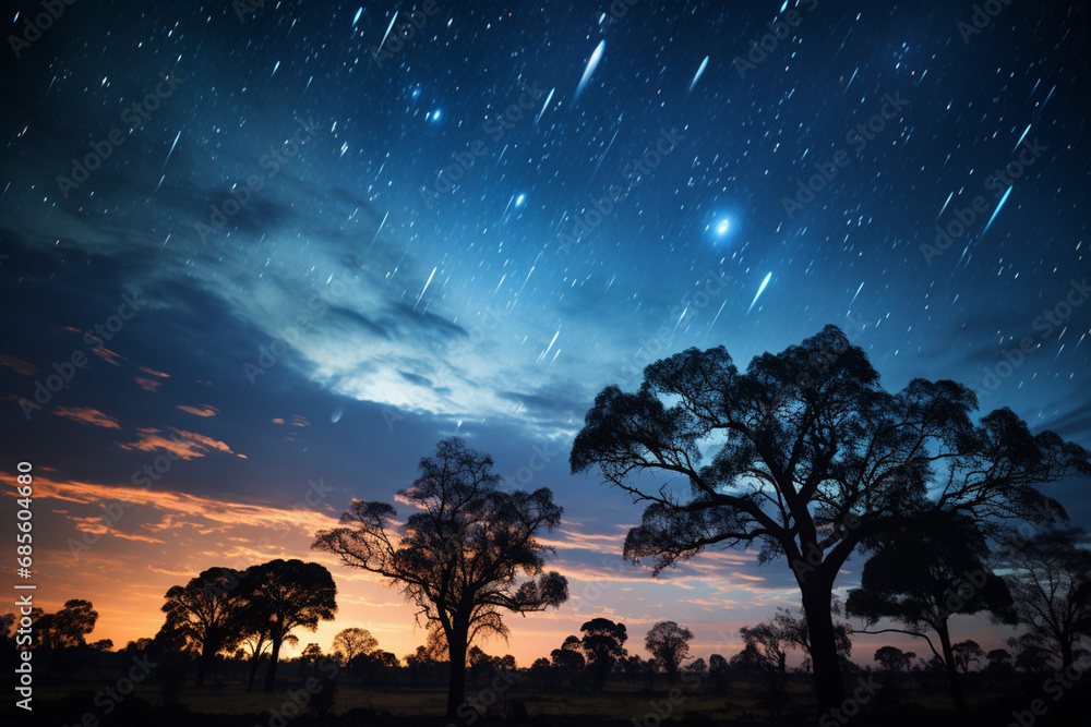 Poster night sky filled with streaks of meteors during a meteor shower, creating a celestial spectacle of c
