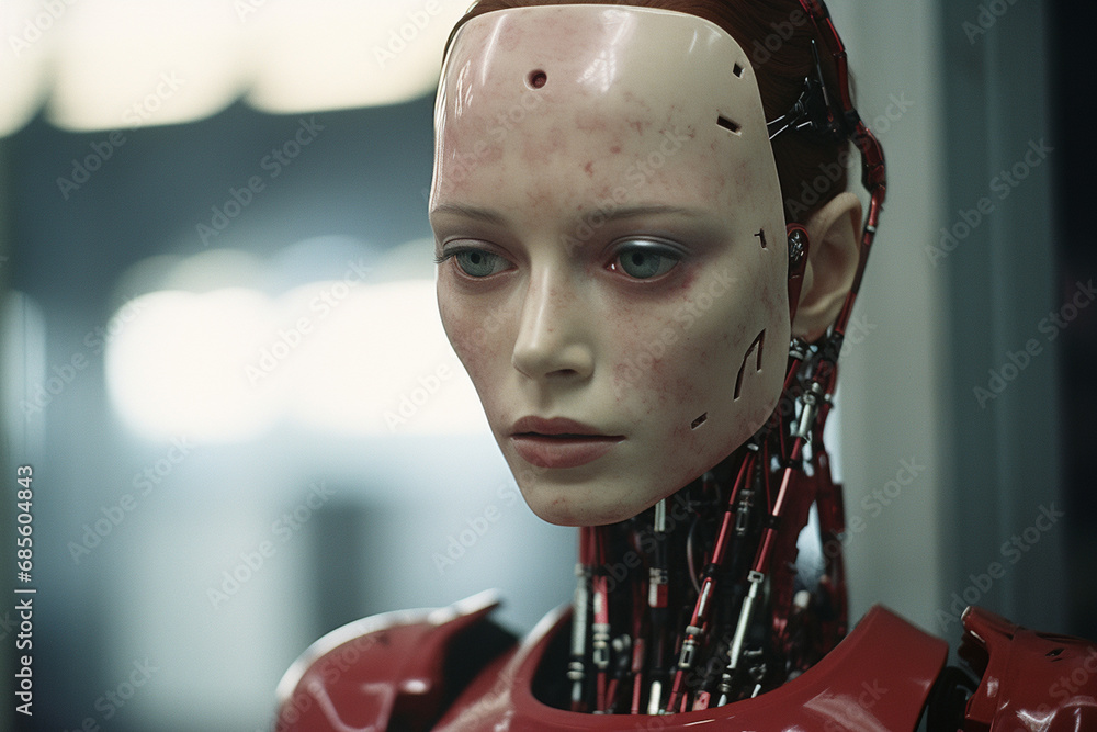 Aufkleber An image featuring a humanoid robot with emotion-responsive features, demonstrating its capacity to mimic and respond to human emotions in a lifelike manner.