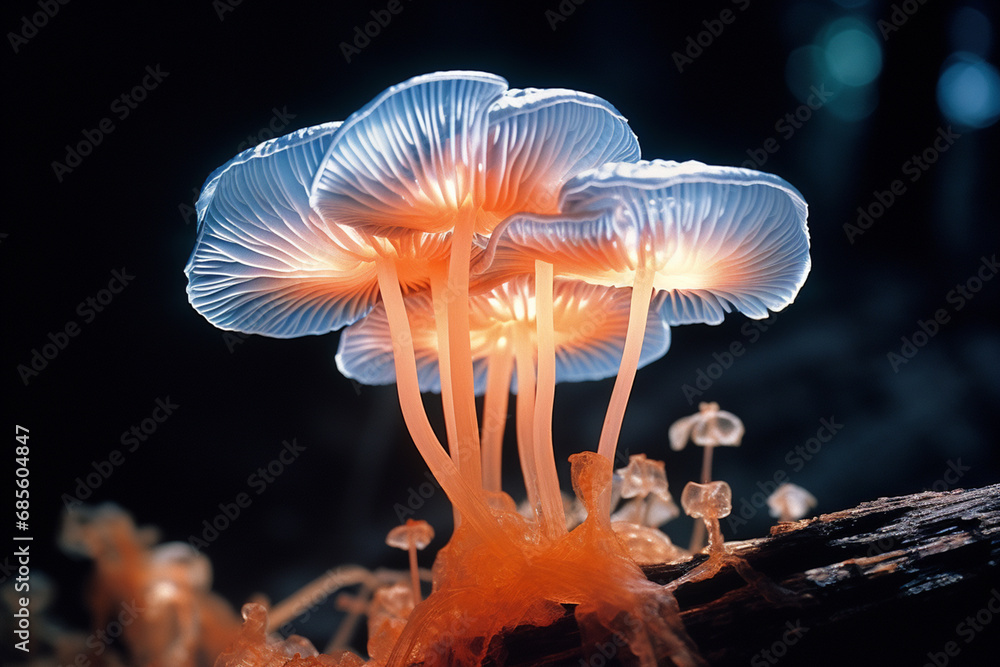 Poster a visually striking image of a luminous mushroom, resembling an abstract light sculpture that can en
