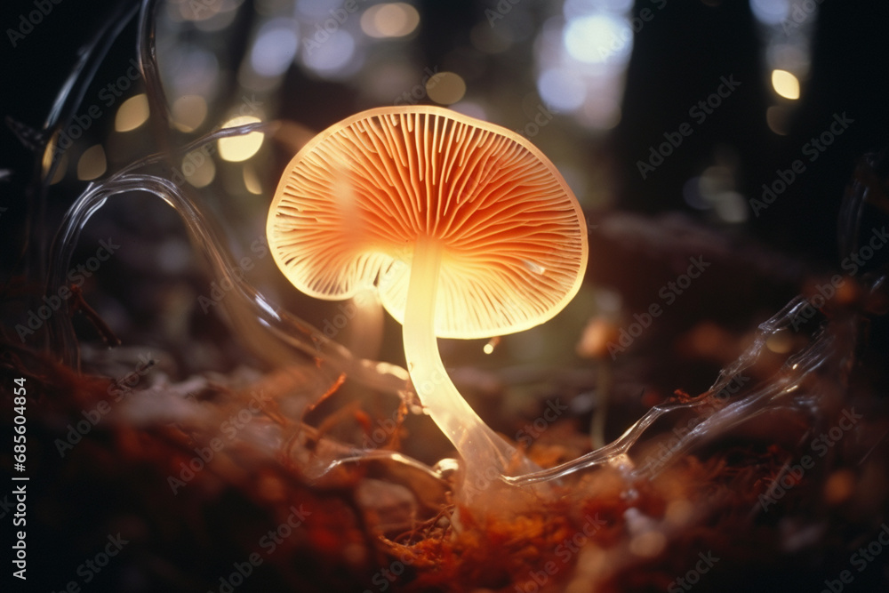 Poster an abstract composition featuring a luminous mushroom, resembling a glowing musical note in the symp