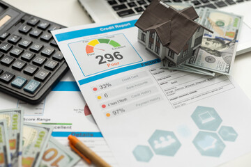 Credit score report with keyboard and pen