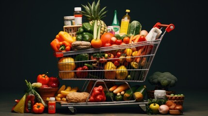 Shopping basket full of supermarket groceries background wallpaper ai generated image